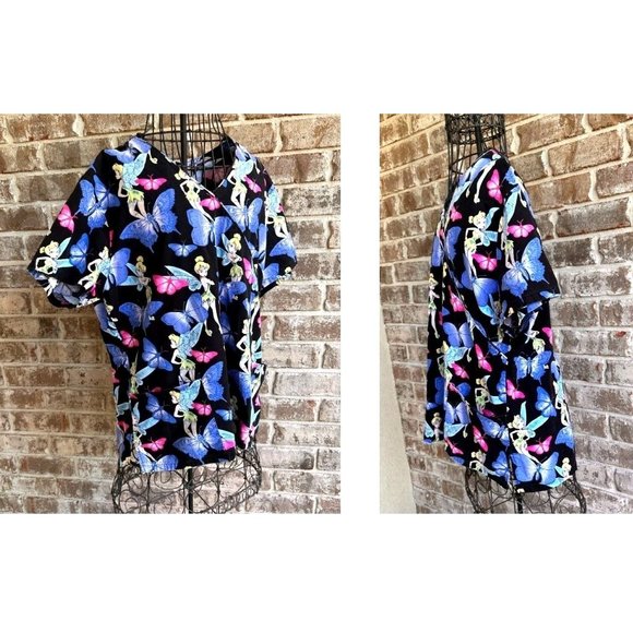 Disney Tinkerbell Scrub Top Medium  Blue Butterflies RN Nurse Vet Tech C… - Picture 9 of 12